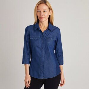 Cavalini Denim Look Button Down Chambray Blouse